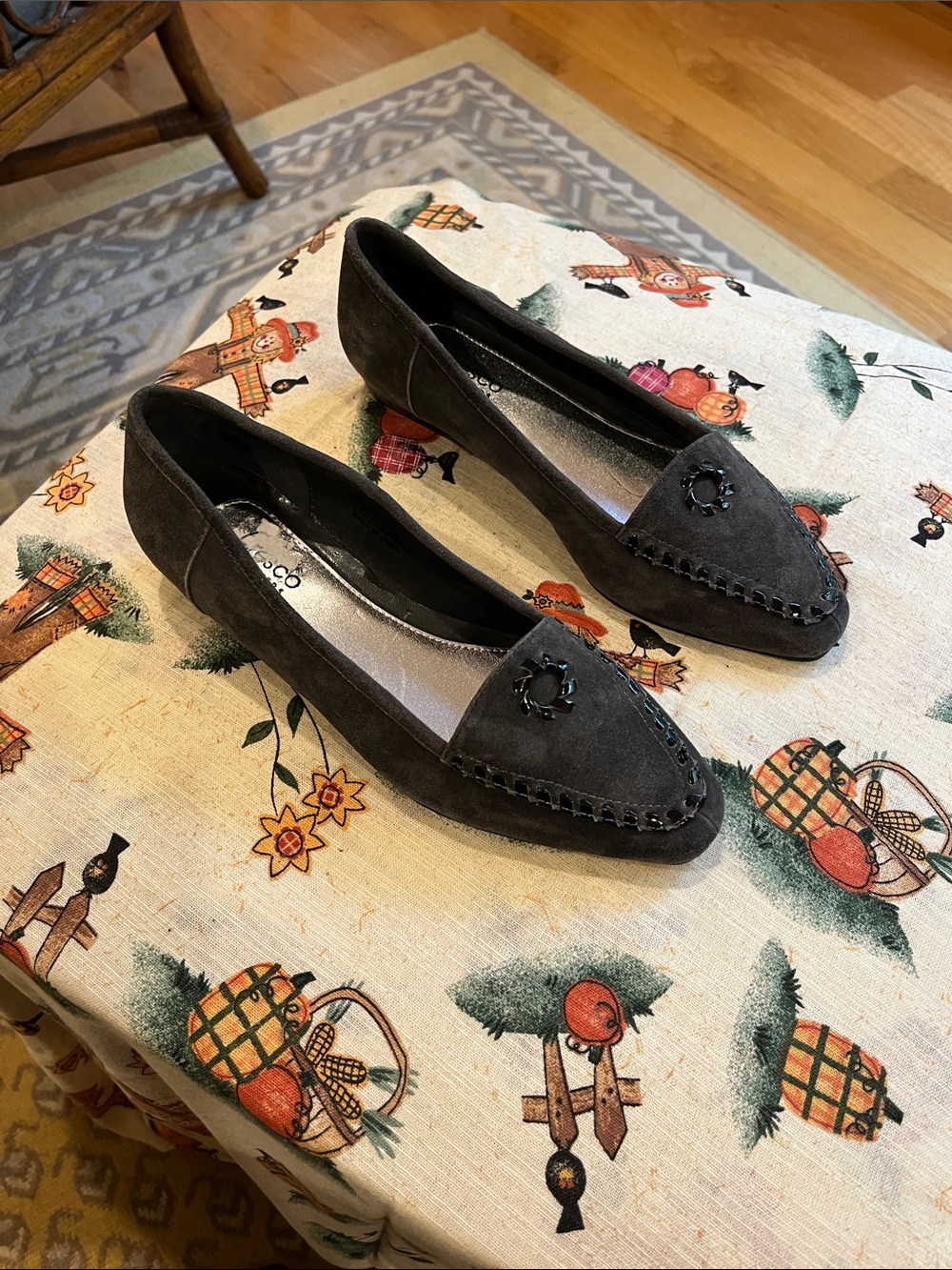 Women's Gray Suede Pointed Loafers with Decorative Accent